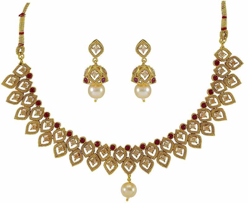 JEWELOPIA Traditional White Mother of Pearl Gold Plated Ruby Necklace Set For Women & girls