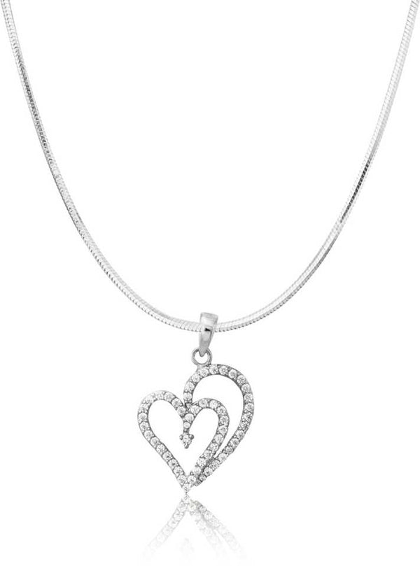 JEWELOPIA Heart Shape with Chain Rhodium Cubic Zirconia Alloy Pendant For Girls & Women