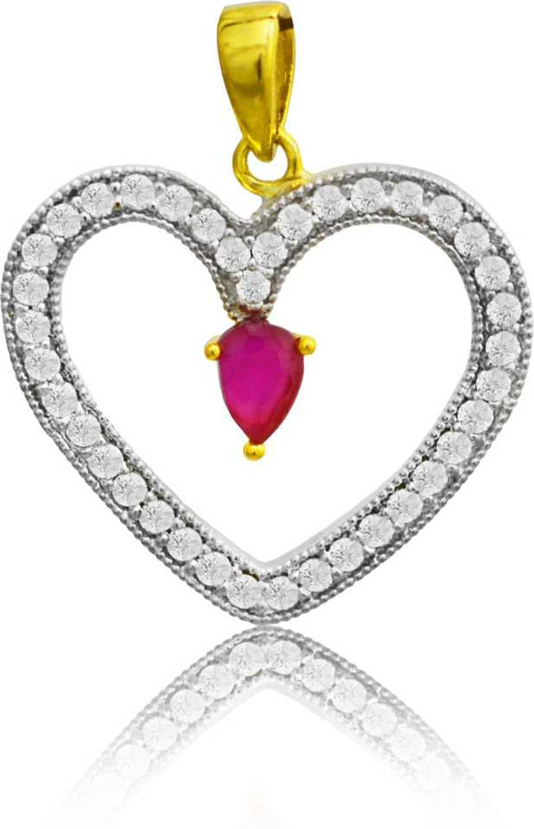 JEWELOPIA Heart Shape with Chain Ruby Studded Cubic Zirconia Pendant For Girls & Women